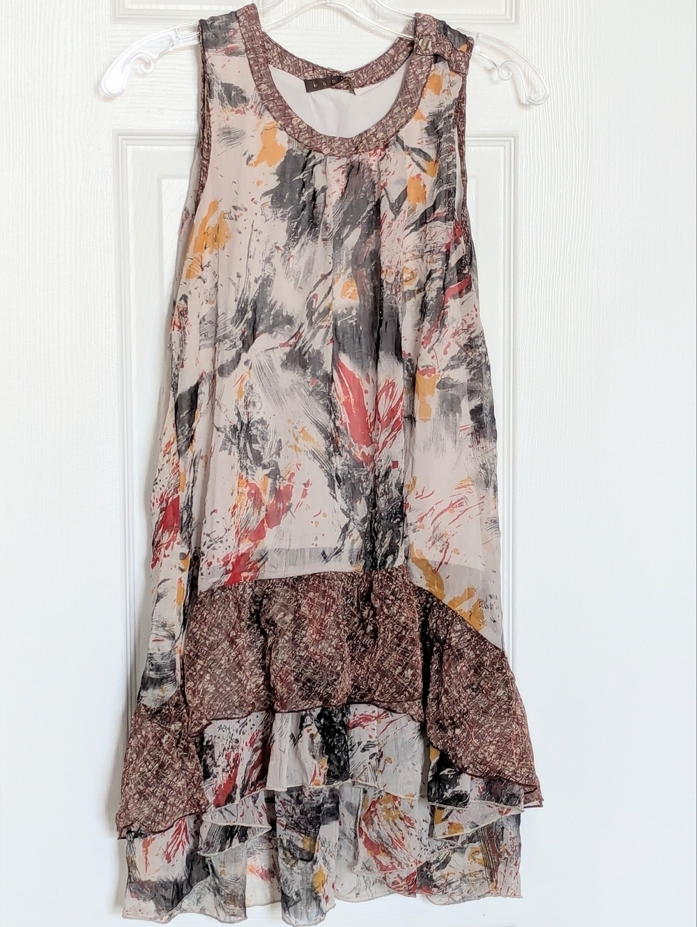 Women's (Medium) Sheer Lined Sleeveless Abstract Print High-Low Mini Dress